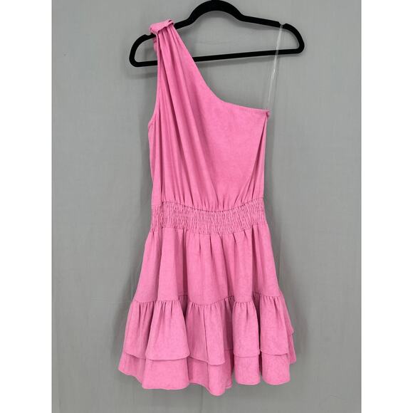Entro Dress Women Medium Pink Mini Ruffle One Shoulder Asymmetrical Tiered Boho - Picture 3 of 9